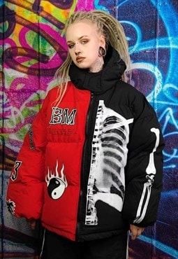 Skeleton puffer split color bomber jacket grunge varsity red