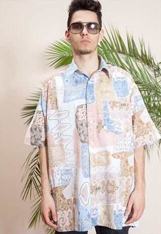 MENS VINTAGE SHORT SLEEVE, ABSTRACT PRINT, BUTTON UP SHIRT