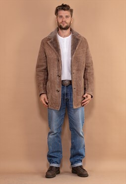 Vintage 70's Men Button Up Sheepskin Coat in Beige