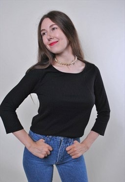 Black textured blouse, vintage minimalist pullover blouse