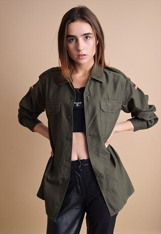 90'S RETRO MINIMALIST ARMY OVERSIZED KHAKI SHIRT TOP
