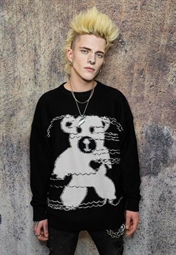 Bear sweater teddy print jumper grunge ripped top in black