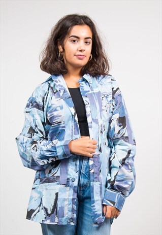 VINTAGE 90'S BLUE CRAZY PATTERN OVERSIZE SHIRT