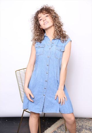 VINTAGE 90S BLUE DENIM MINI SHIRT DRESS