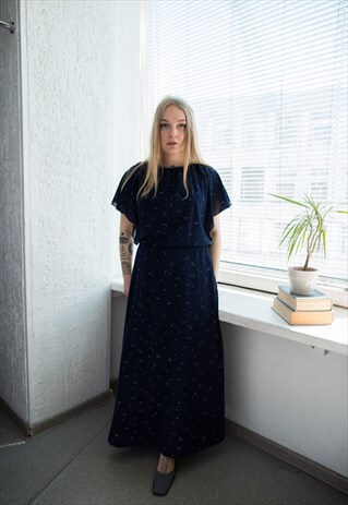 VINTAGE 60'S NAVY PATTERNED MAXI SHORT SLEEVED DRESS