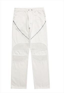 Zip jeans stripes patch denim wide jean pants in white