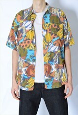 Vintage 80s Green Colourful Abstract Flower Shirt