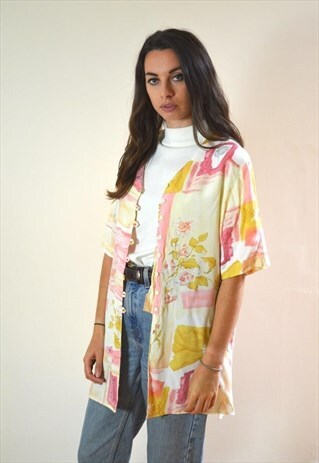 80S VINTAGE ABSTRACT PEACH & PINK PRINTED SHIRT