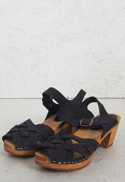 Vintage Black MOHEDA Leather Wood  Heel Sandals Shoes