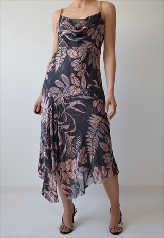 VINTAGE 00S Y2K COWL NECK FLORAL FLOATY SATIN MIDI DRESS
