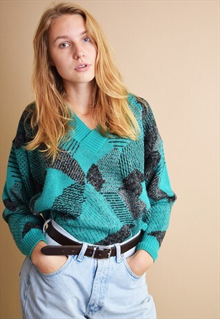 80'S ABSTRACT PRINT OVERSIZED MOMS KNIT JUMPER TOP