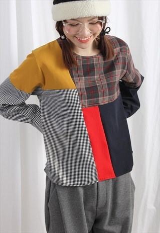 (KOREAN) COLOR BLOCKING MIXED PATTERN PATCHWORK TOP