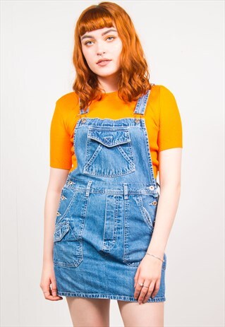 VINTAGE 90'S BLUE DENIM MINI PINAFORE DUNGAREE DRESS