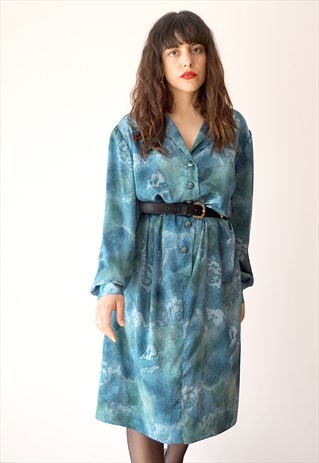 VINTAGE LONG SLEEVE BLUE AND GREEN ABSTRACT MIDI DRESS