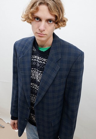 VINTAGE 80S PREPPY CHECKERED WOOL PROLONGED BLAZER MEN S/M