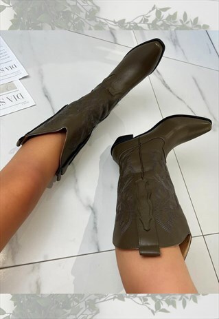 COWBOY BOOTS KHAKI MID CALF WESTERN COWGIRL BOOTS