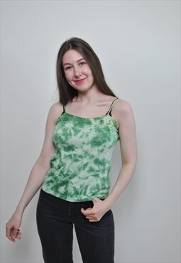 Vintage 90's summer top, green lace stone wash tank top 