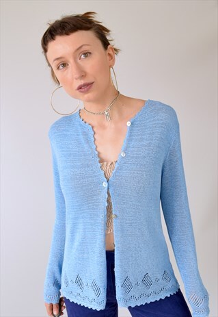 VINTAGE 90S Y2K 00S FINE KNIT CROCHET LONG CARDIGAN - S