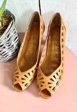 Vintage Brown Cut Out Italian Leather 80's Heels Shoes