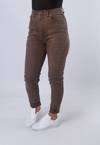 HIGH WAISTED STRETCH DENIM JEANS TAPERED LEG UK 12 (FJAK)