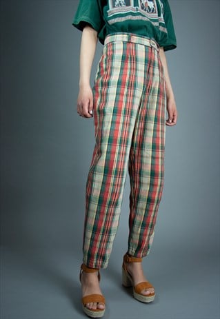 VINTAGE 90S HIGH WAIST PLAID CHECK TROUSERS IN GREEN ORANGE