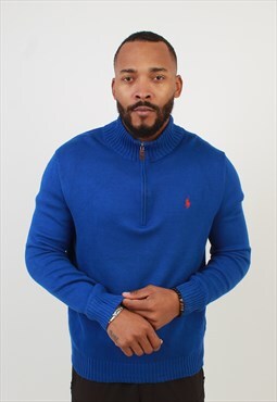Men's Vintage Polo Ralph Lauren Zip Neck Sweater Blue