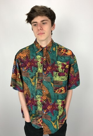 90S VINTAGE AVANTI SILK PATTERNED FESTIVAL SHIRT