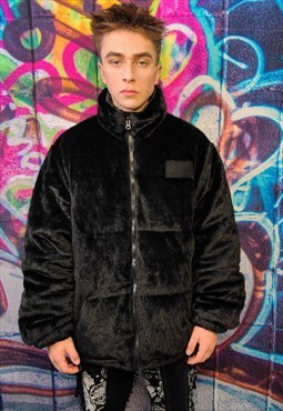 Faux fur bomber jacket in black thick fleece varsity coat