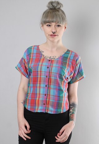 VINTAGE 80S CHECK PATTERNED CROPPED BUTTON TOP