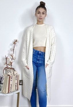 Cable knit design wool-blended long oversized cardigan