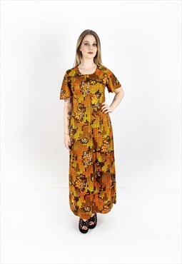 Vintage 70's maxi fitted floral dotted dress in orange