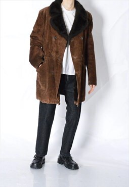 Vintage 60s Brown Warm Winter Suede Minimalist Leather Coat