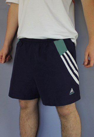 VINTAGE ADIDAS SHORTS IN NAVY WITH POCKETS, EMBROIDERED LOGO