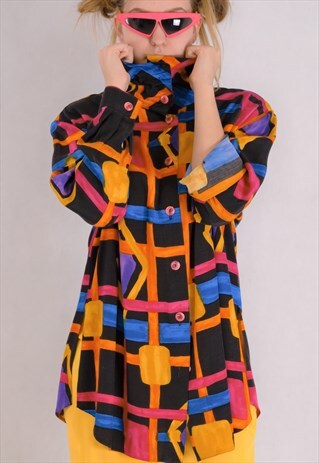 90S VINTAGE COLORFUL GRAPHIC WOMEN'S LONG SLEEVE SHIRT BUTTO