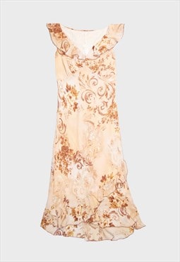Beige/brown '90s Floral Ruffle Mid Length Sleeveless Dress