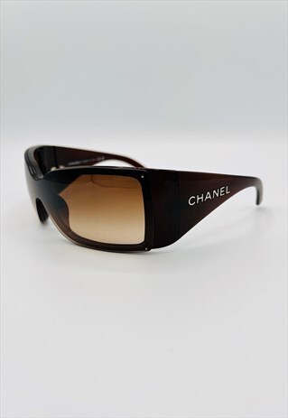 Chanel Sunglasses Shield Authentic Brown Logo Monogram 6012