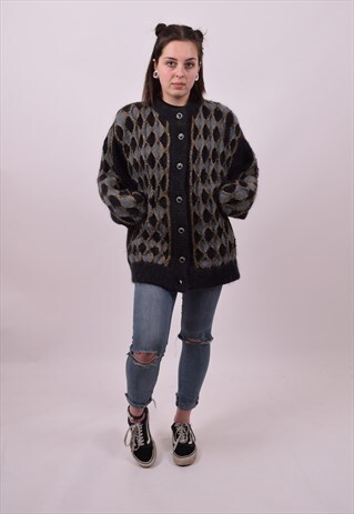 VINTAGE 80'S CRAZY PATTERN MOHAIR CARDIGAN JACKET MEDIUM