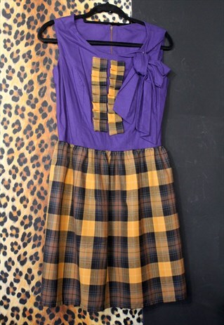 90S VINTAGE ORANGE AND PURPLE PRINT VINTAGE DRESS WITH BOW