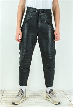 W41 L28 Real Leather Pants Black Biker Trousers Moto Rocker