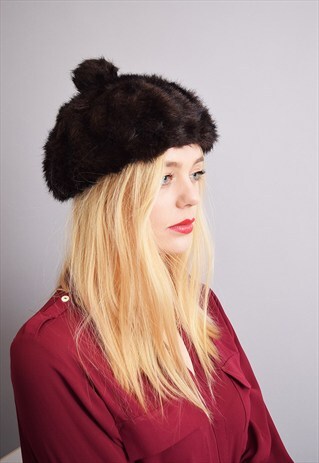 VINTAGE 60'S FAUX FUR WINTER BOHO POM POM HAT IN BROWN