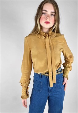 Vintage 80's Ruffle Blouse Long Sleeve Yellow Pussy Bow