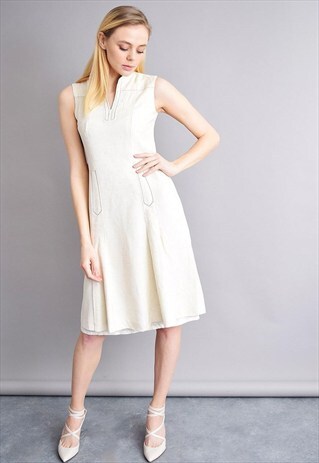 VINTAGE 70'S MOD OFF-WHITE TRIMMED ELEGANT MIDI DRESS