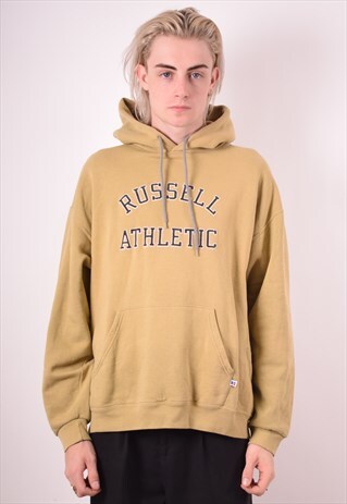 RUSSELL ATHLETIC MENS VINTAGE HOODIE JUMPER LARGE KHAKI 90S