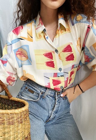VINTAGE 90S ABSTRACT FLORAL PRINT HAUTE BOHEME BLOUSE TOP