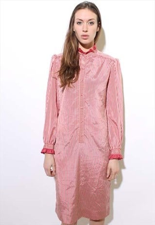 VINTAGE 1970'S 70'S STRIPED RUFFLE COLLAR SHIRT DRESS M-L
