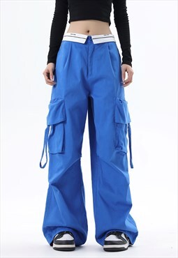 Parachute joggers cargo pocket pants rave trousers in blue