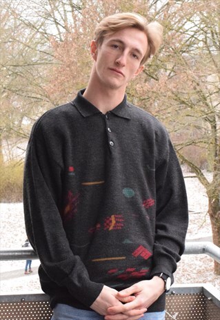 90S BUTTON BORDER GRANDDAD WOOL JUMPER