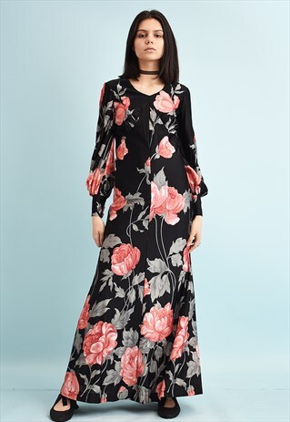 70'S RETRO FLORAL PRINT FULL LENGTH MAXI DRESS