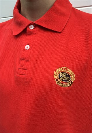 MENS VINTAGE 80S BURBERRY POLO SHIRT RED SHORT SLEEVE TOP