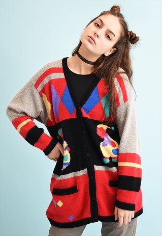 80'S RETRO NOVELTY PATTERN TEEN KNIT CARDIGAN